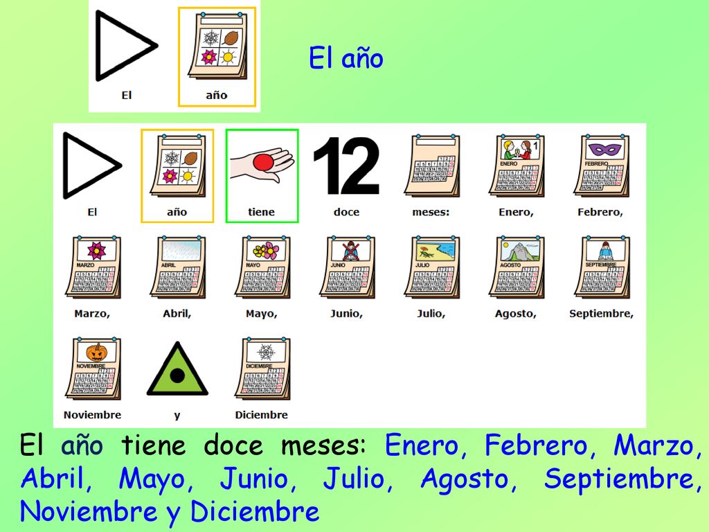 El año El año tiene doce meses: Enero, Febrero, Marzo, Abril, Mayo, Junio, Julio, Agosto, Septiembre, Noviembre y Diciembre.