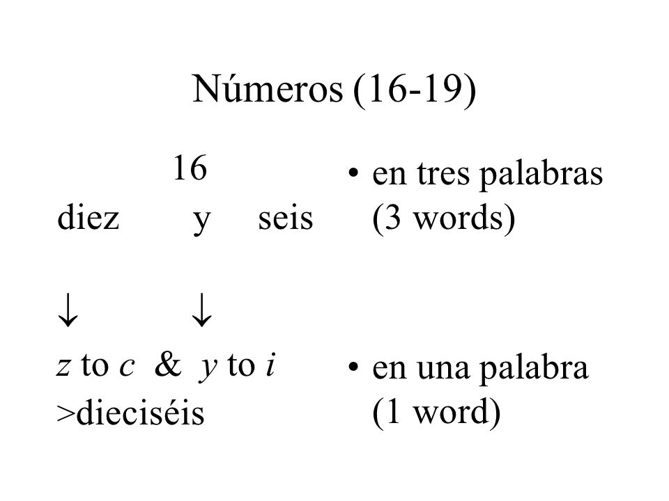 Números (16-19) 16 diez y seis   z to c & y to i
