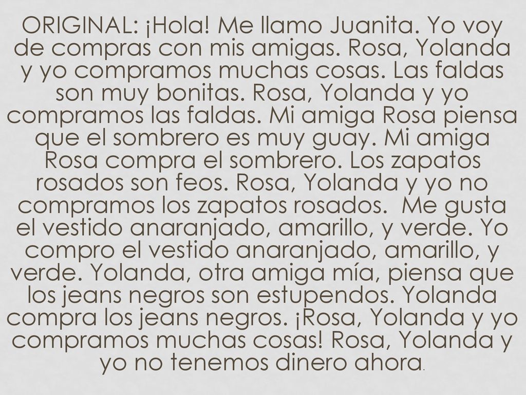 ORIGINAL: ¡Hola. Me llamo Juanita. Yo voy de compras con mis amigas