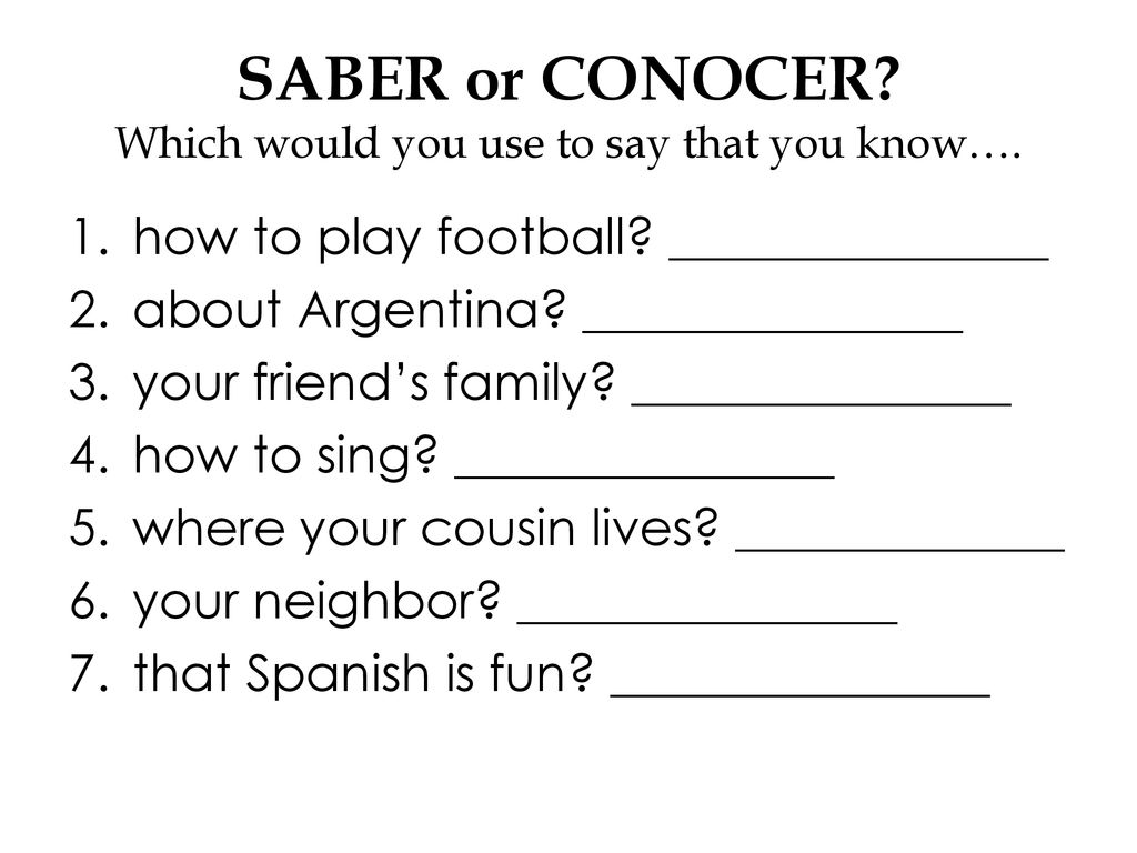 SABER or CONOCER Which would you use to say that you know….