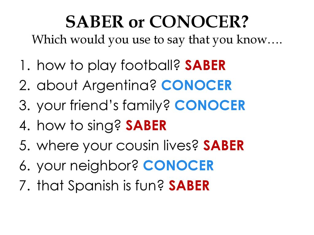 SABER or CONOCER Which would you use to say that you know….
