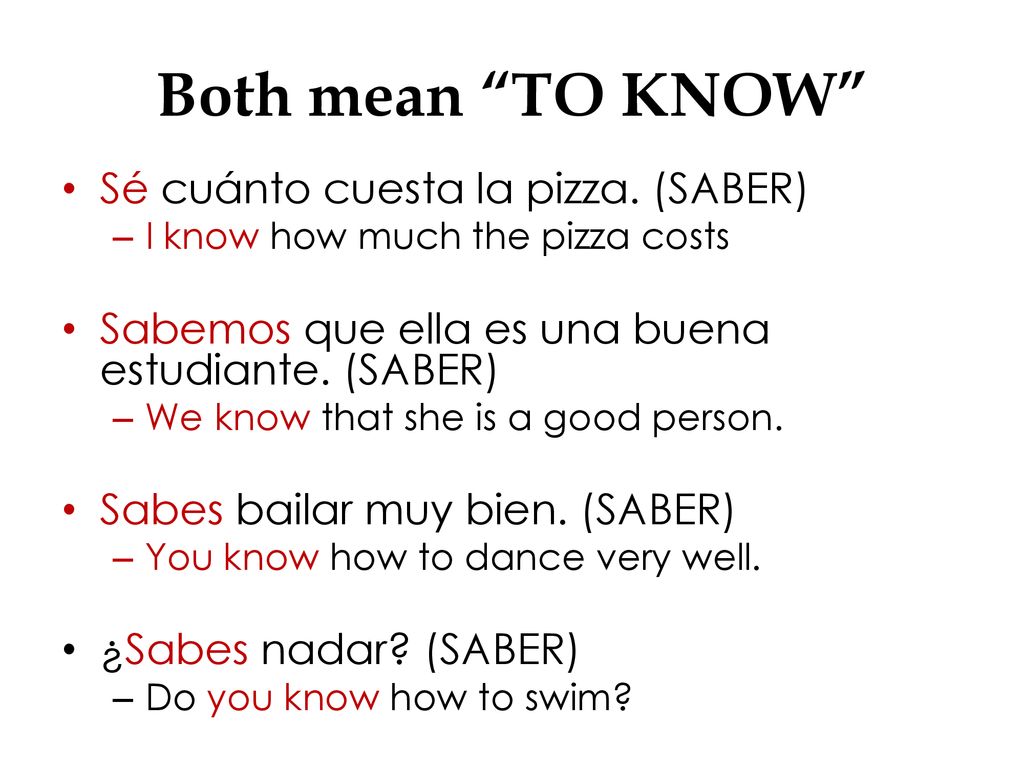 Both mean TO KNOW Sé cuánto cuesta la pizza. (SABER)