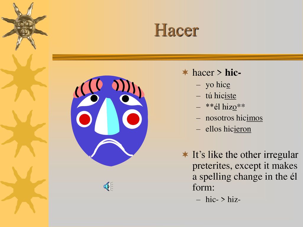 Hacer hacer > hic- yo hice. tú hiciste. **él hizo** nosotros hicimos. ellos hicieron.