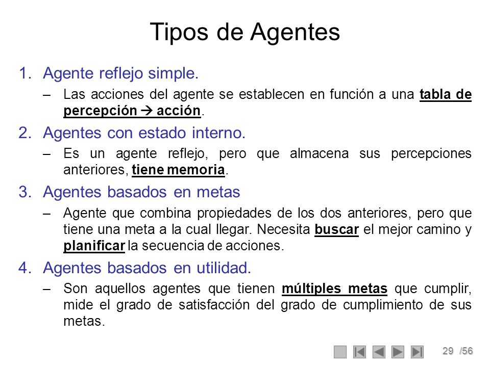 Tipos de Agentes Agente reflejo simple. Agentes con estado interno.