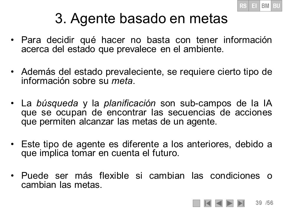 RS EI. BM. BU. 3. Agente basado en metas. Para decidir qué hacer no basta con tener información acerca del estado que prevalece en el ambiente.