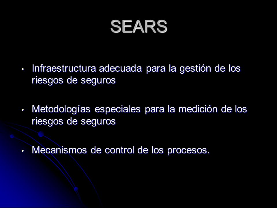 SEARS Infraestructura adecuada para la gestión de los riesgos de seguros. Metodologías especiales para la medición de los riesgos de seguros.