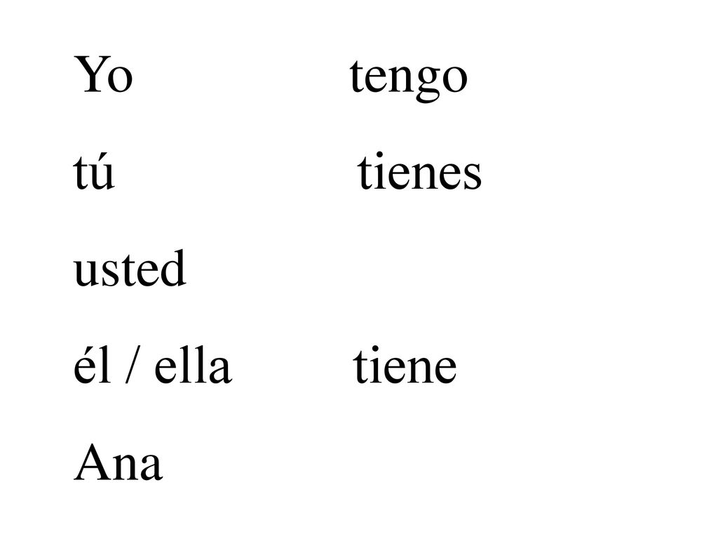 Yo tengo tú tienes usted él / ella tiene Ana