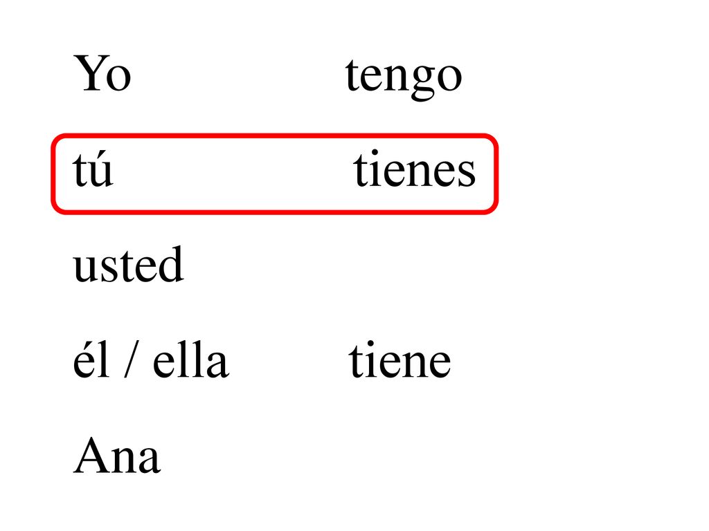 Yo tengo tú tienes usted él / ella tiene Ana