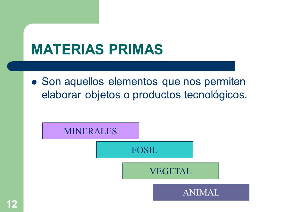 MATERIAS PRIMAS Son aquellos elementos que nos permiten elaborar objetos o productos tecnológicos. MINERALES.