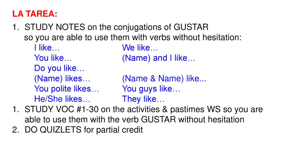 LA TAREA: STUDY NOTES on the conjugations of GUSTAR. so you are able to use them with verbs without hesitation:
