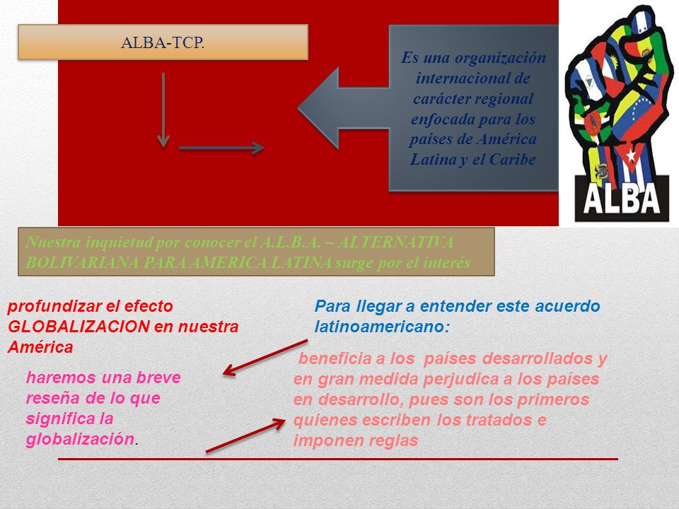 ALBA-TCP. Es una organización internacional de carácter regional enfocada para los países de América Latina y el Caribe.