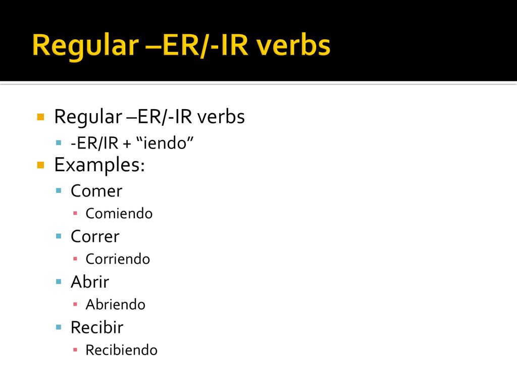 Regular –ER/-IR verbs Regular –ER/-IR verbs Examples: -ER/IR + iendo