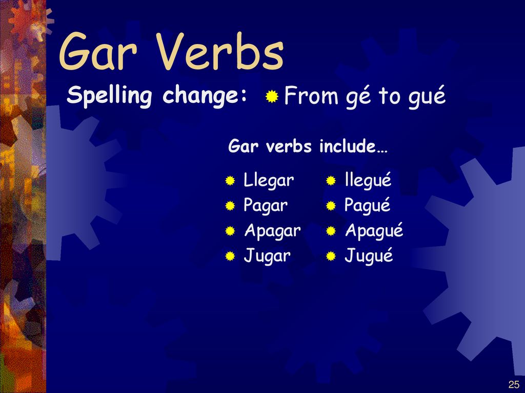 Gar Verbs Spelling change: From gé to gué Gar verbs include… Llegar