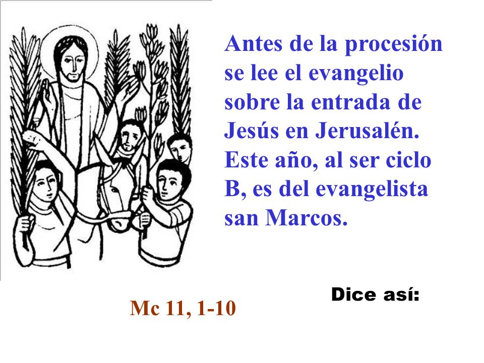 Antes de la procesión se lee el evangelio sobre la entrada de Jesús en Jerusalén. Este año, al ser ciclo B, es del evangelista san Marcos.