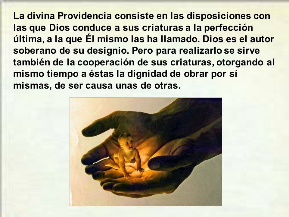 La divina Providencia consiste en las disposiciones con las que Dios conduce a sus criaturas a la perfección última, a la que Él mismo las ha llamado.