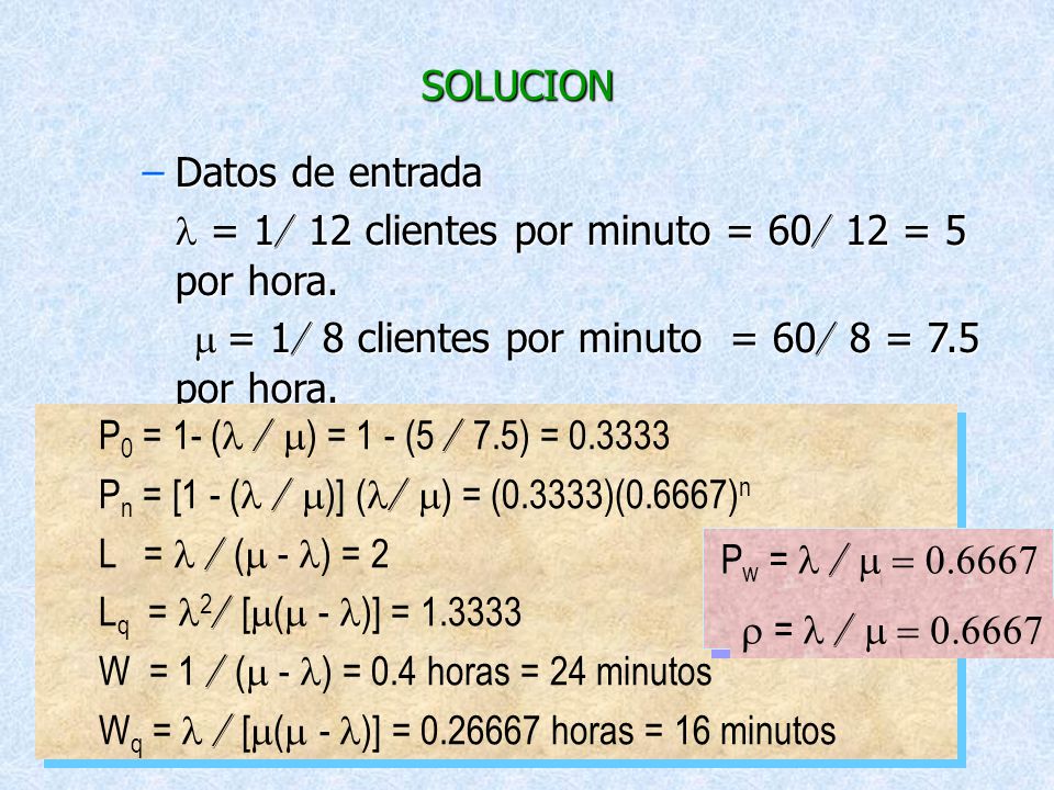 SOLUCION Datos de entrada. l = 1/ 12 clientes por minuto = 60/ 12 = 5 por hora. m = 1/ 8 clientes por minuto = 60/ 8 = 7.5 por hora.