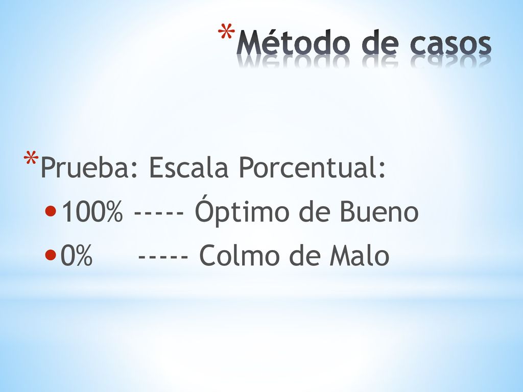 Método de casos Prueba: Escala Porcentual: 100% Óptimo de Bueno