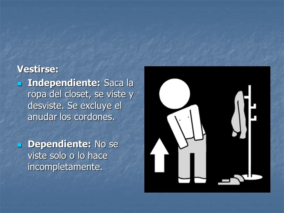 Vestirse: Independiente: Saca la ropa del closet, se viste y desviste. Se excluye el anudar los cordones.