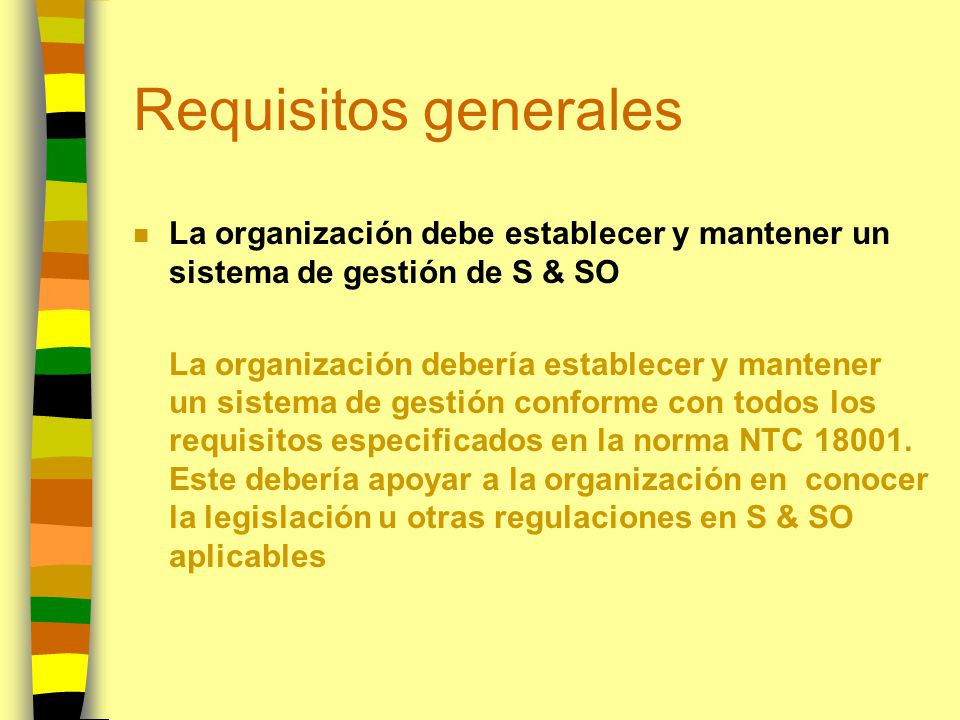 Requisitos generales La organización debe establecer y mantener un sistema de gestión de S & SO.