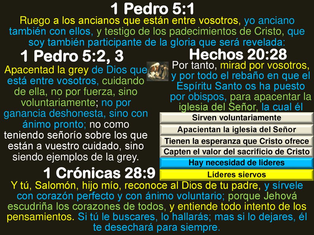 1 Pedro 5:1 1 Pedro 5:2, 3 Hechos 20:28 1 Crónicas 28:9