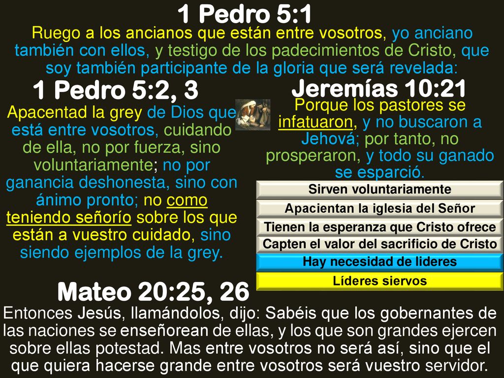 1 Pedro 5:1 1 Pedro 5:2, 3 Mateo 20:25, 26 Jeremías 10:21