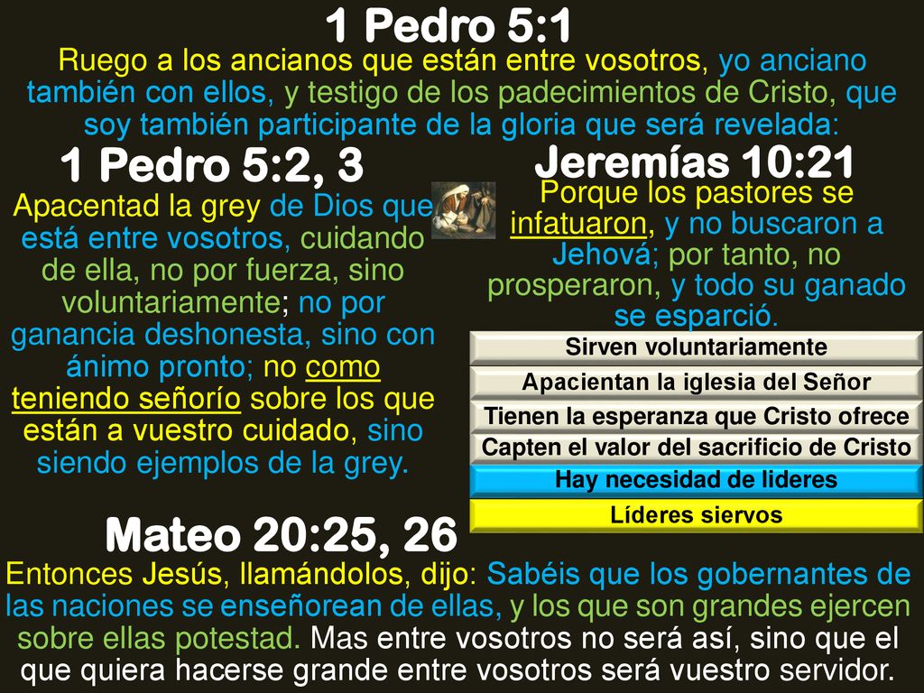 1 Pedro 5:1 1 Pedro 5:2, 3 Mateo 20:25, 26 Jeremías 10:21
