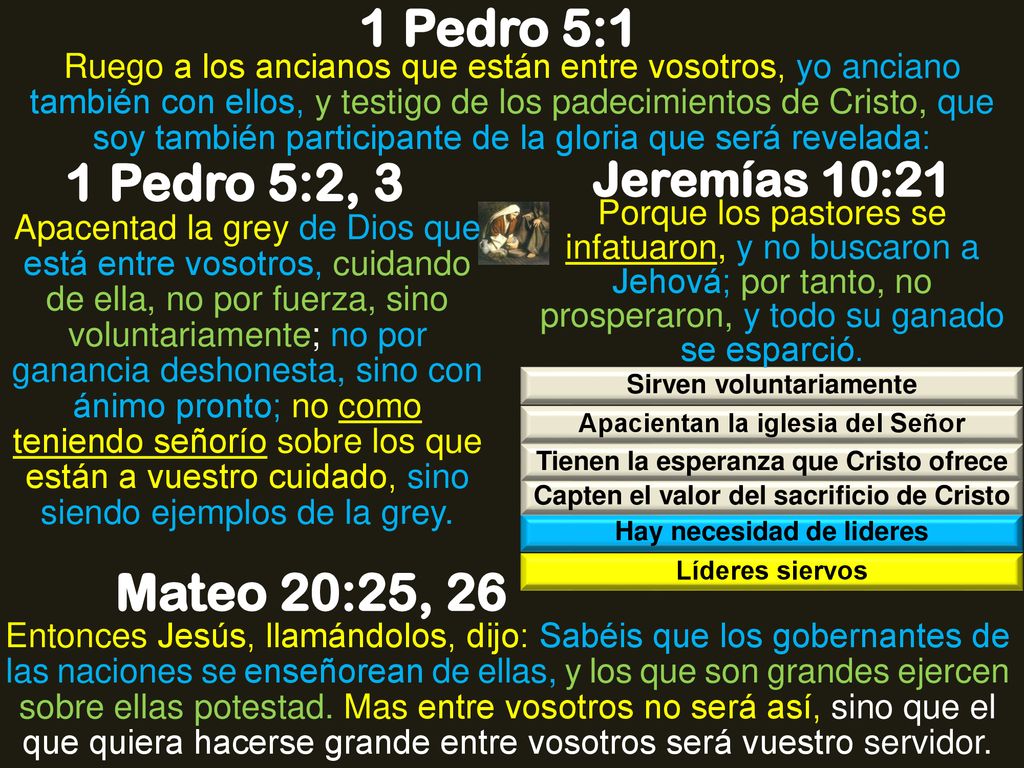 1 Pedro 5:1 1 Pedro 5:2, 3 Mateo 20:25, 26 Jeremías 10:21