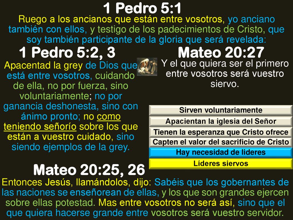 1 Pedro 5:1 1 Pedro 5:2, 3 Mateo 20:27 Mateo 20:25, 26