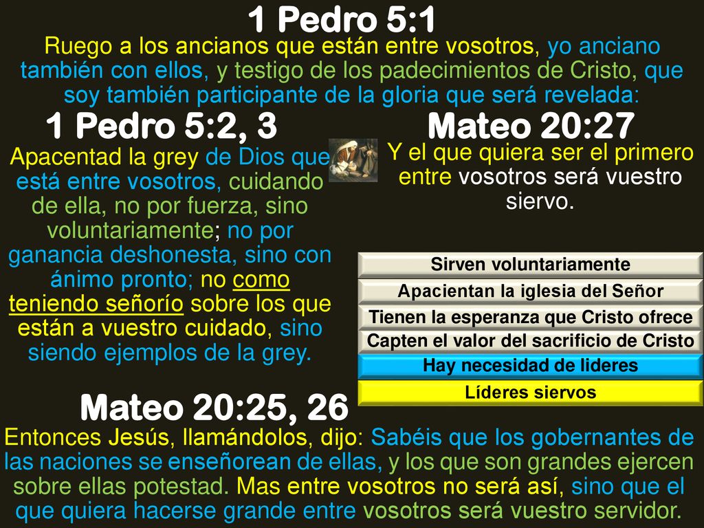 1 Pedro 5:1 1 Pedro 5:2, 3 Mateo 20:27 Mateo 20:25, 26
