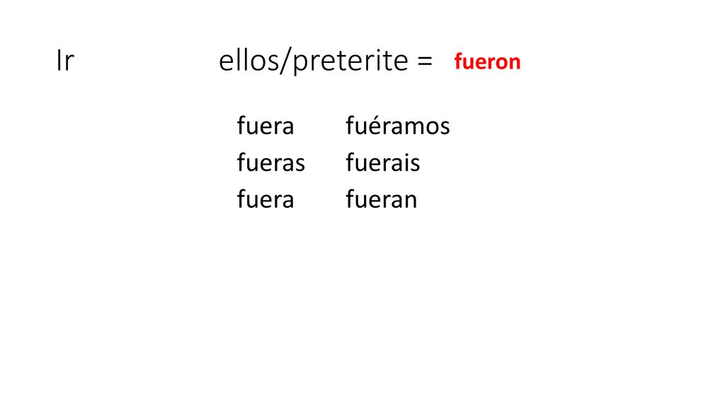 Ir ellos/preterite = fueron fuera fuéramos fueras fuerais fuera fueran