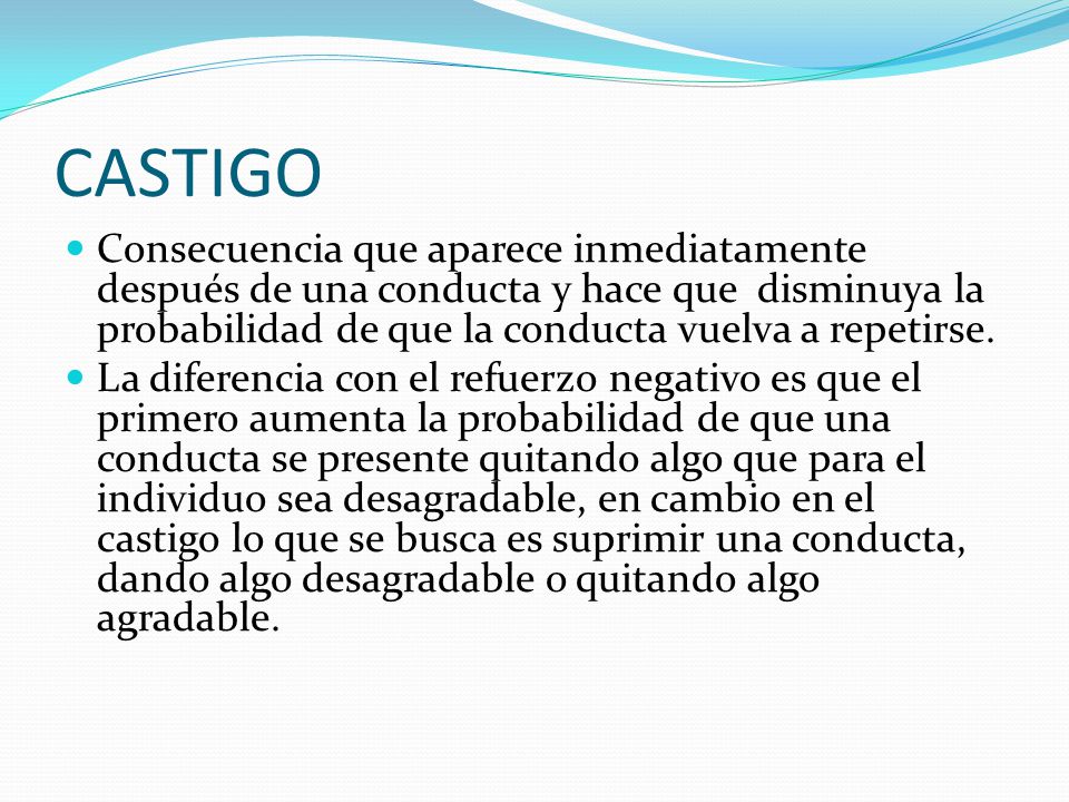 CASTIGO Consecuencia que aparece inmediatamente después de una conducta y hace que disminuya la probabilidad de que la conducta vuelva a repetirse.