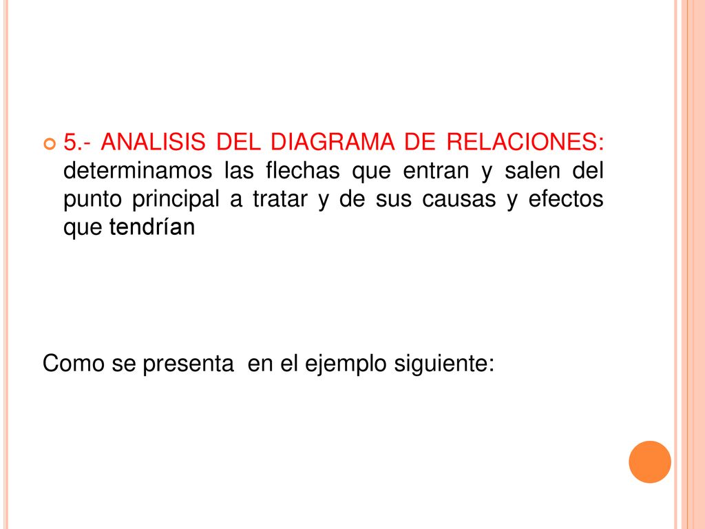 5.- ANALISIS DEL DIAGRAMA DE RELACIONES: determinamos las flechas que entran y salen del punto principal a tratar y de sus causas y efectos que tendrían