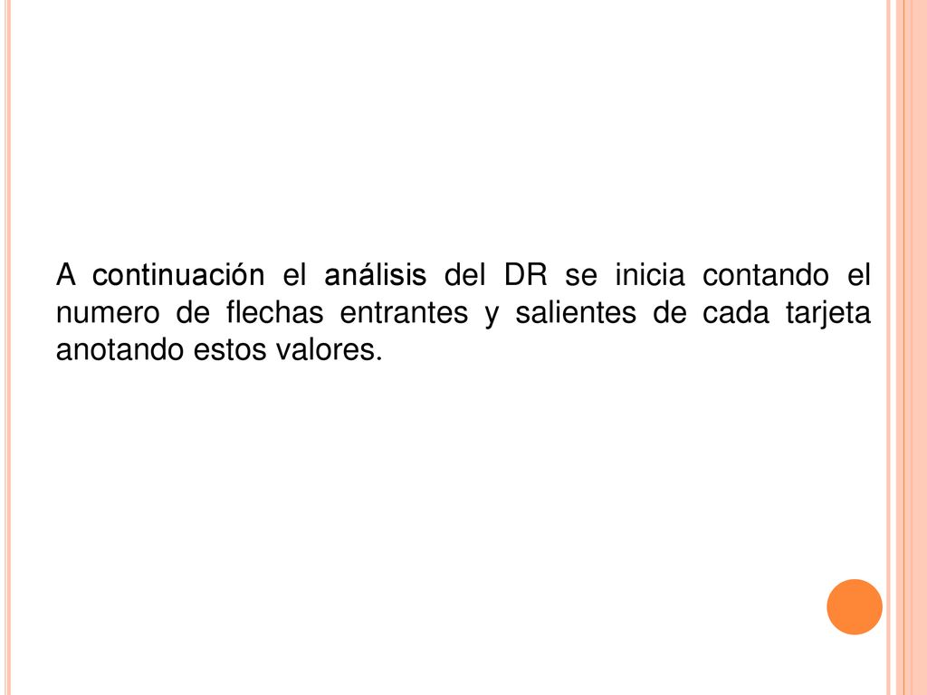 A continuación el análisis del DR se inicia contando el numero de flechas entrantes y salientes de cada tarjeta anotando estos valores.