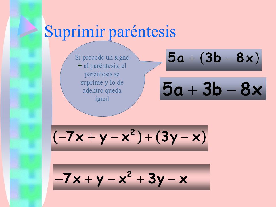 Suprimir paréntesis Si precede un signo + al paréntesis, el paréntesis se suprime y lo de adentro queda igual.