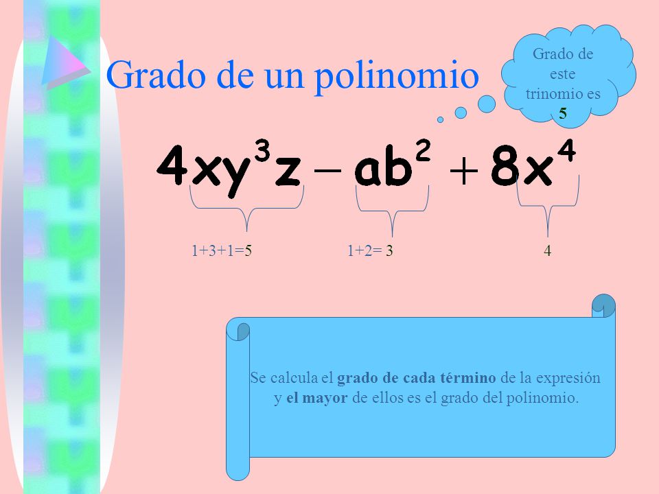 Grado de un polinomio Grado de este trinomio es =5 1+2= 3 4