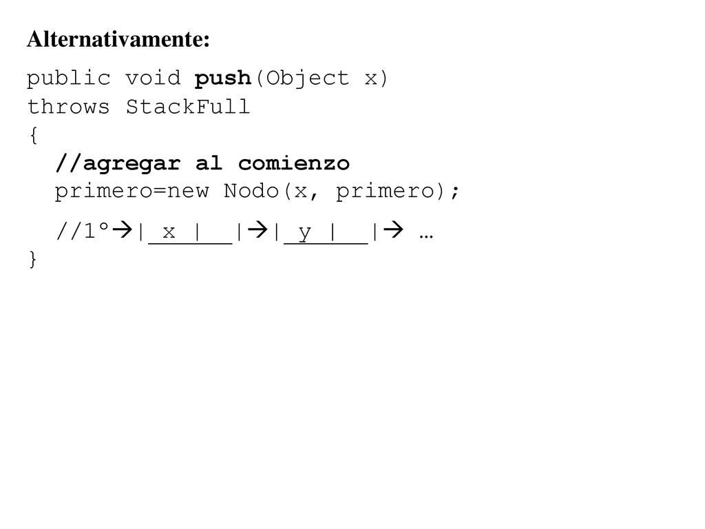 Alternativamente: public void push(Object x) throws StackFull. { //agregar al comienzo. primero=new Nodo(x, primero);