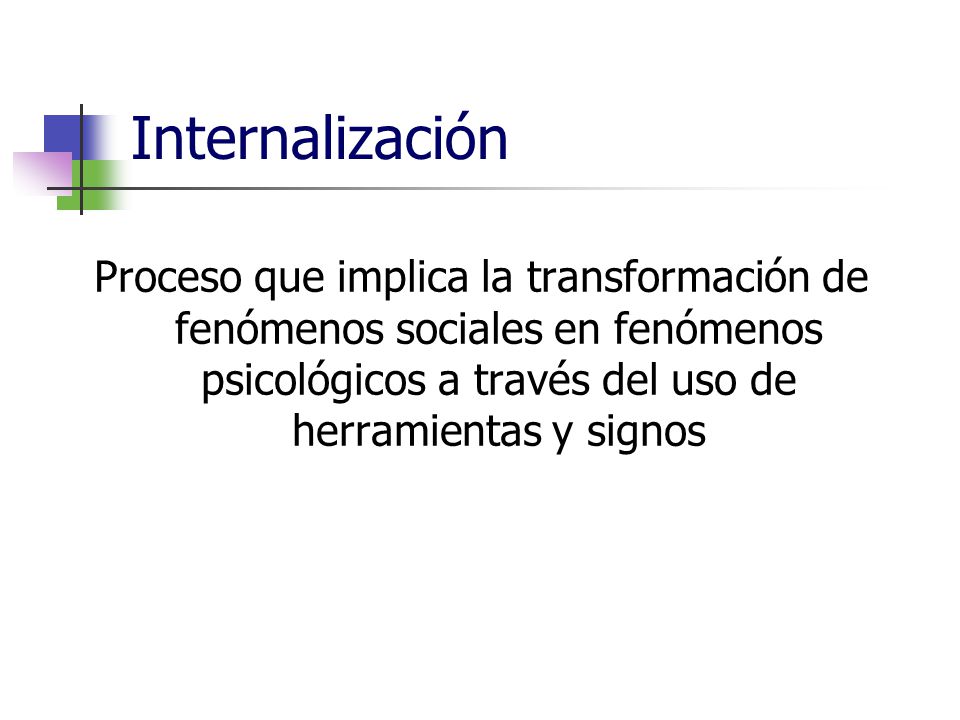Internalización Proceso que implica la transformación de fenómenos sociales en fenómenos psicológicos a través del uso de herramientas y signos.