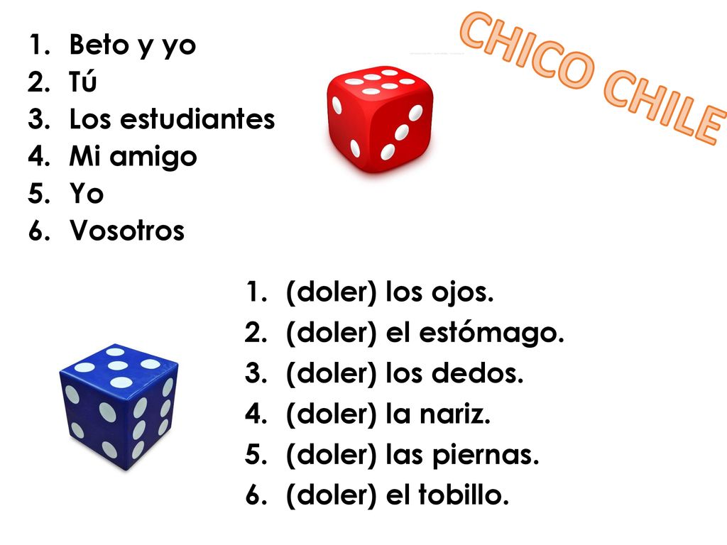 CHICO CHILE Beto y yo Tú Los estudiantes Mi amigo Yo Vosotros