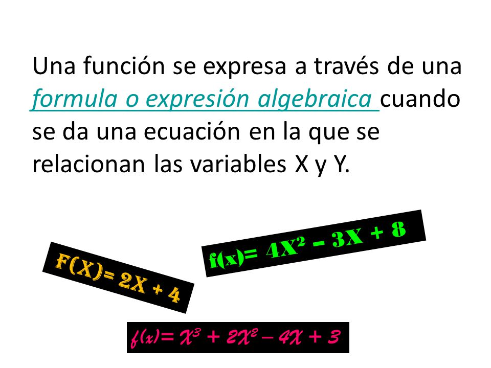 Una función se expresa a través de una formula o expresión algebraica cuando se da una ecuación en la que se relacionan las variables X y Y.