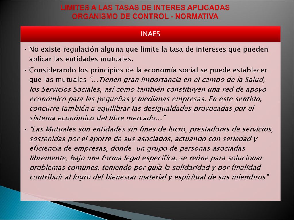 LIMITES A LAS TASAS DE INTERES APLICADAS ORGANISMO DE CONTROL - NORMATIVA