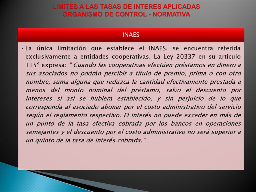 LIMITES A LAS TASAS DE INTERES APLICADAS ORGANISMO DE CONTROL - NORMATIVA