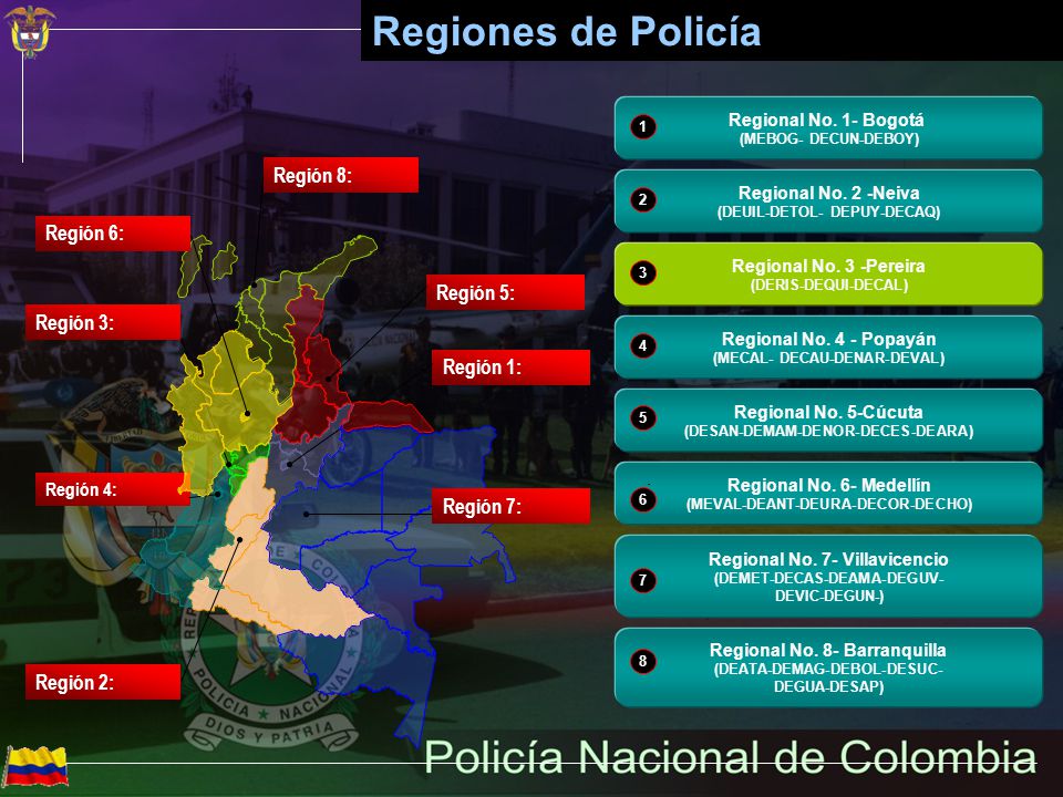 Regiones de Policía Región 8: Región 6: Región 5: Región 3: Región 1: