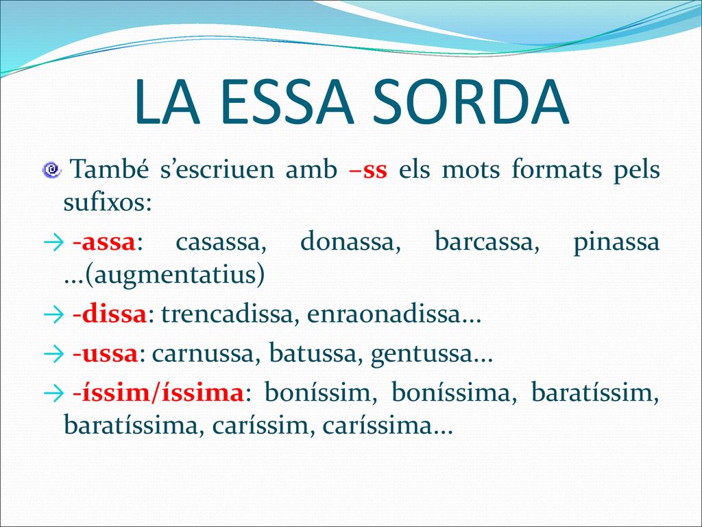LA ESSA SORDA També s’escriuen amb –ss els mots formats pels sufixos: -assa: casassa, donassa, barcassa, pinassa ...(augmentatius)