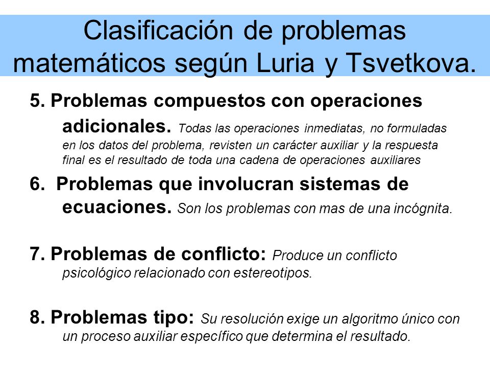 Clasificación de problemas matemáticos según Luria y Tsvetkova.