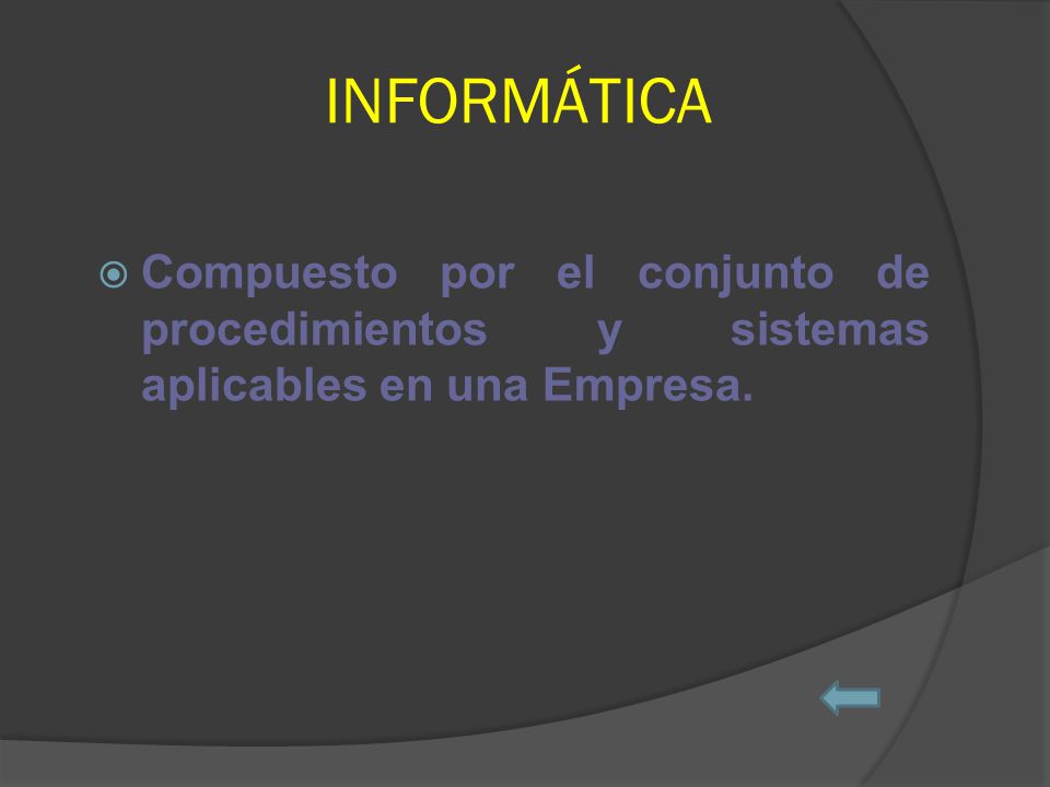 INFORMÁTICA Compuesto por el conjunto de procedimientos y sistemas aplicables en una Empresa.