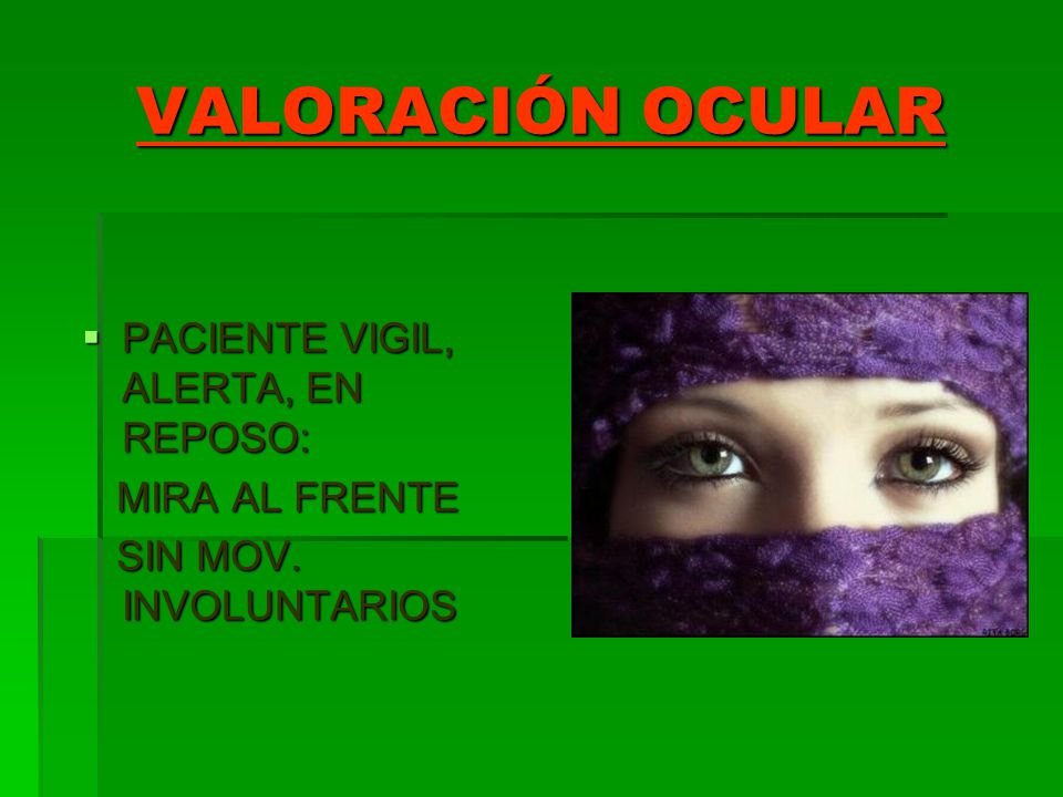 VALORACIÓN OCULAR PACIENTE VIGIL, ALERTA, EN REPOSO: MIRA AL FRENTE