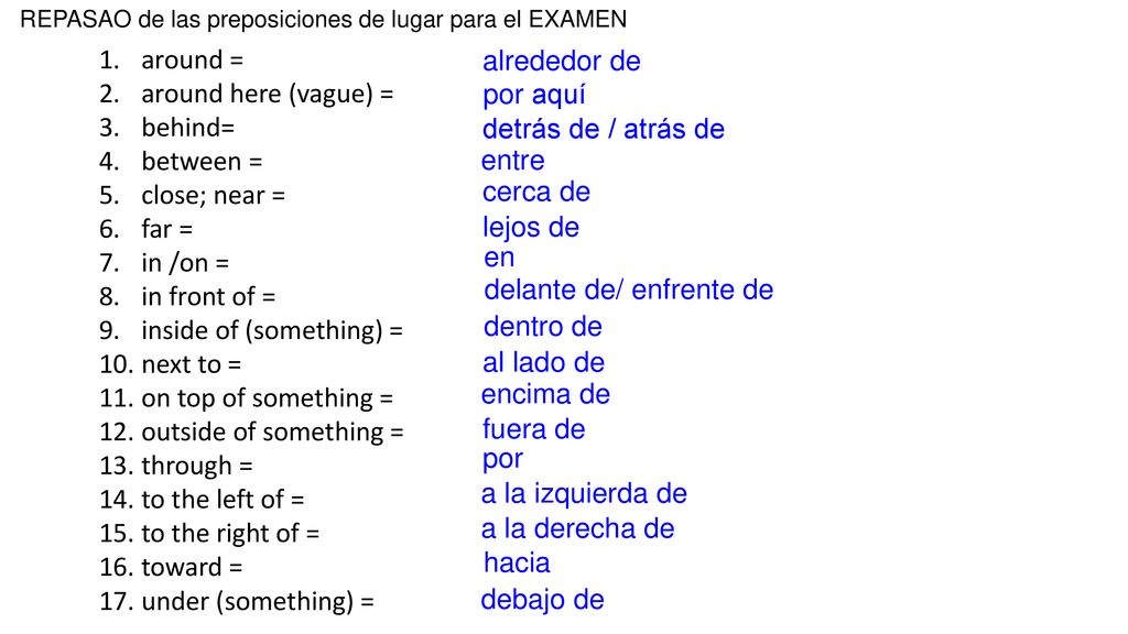 inside of (something) = next to = on top of something =