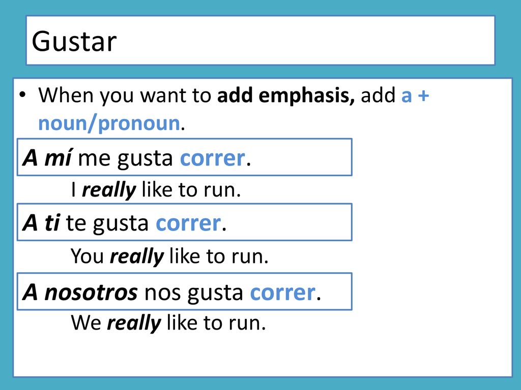 Gustar A mí me gusta correr. A ti te gusta correr.