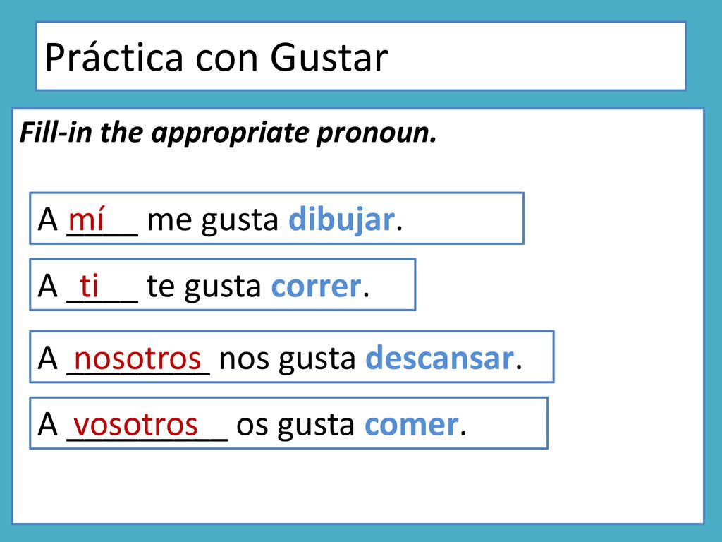Práctica con Gustar A ____ me gusta dibujar. mí
