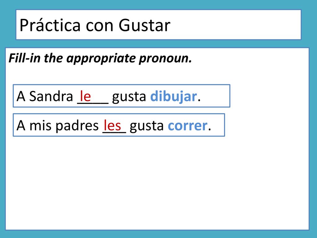 Práctica con Gustar A Sandra ____ gusta dibujar. le